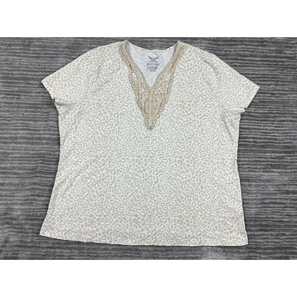 Faded Glory Top‎ Womens 2X Beige Vneck 100% Cotton Casual Lace Trim